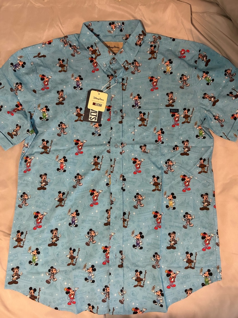 RSVLTS Men's Light Blue Mickey Mouse Short-Sleeve Button-Up Shirt